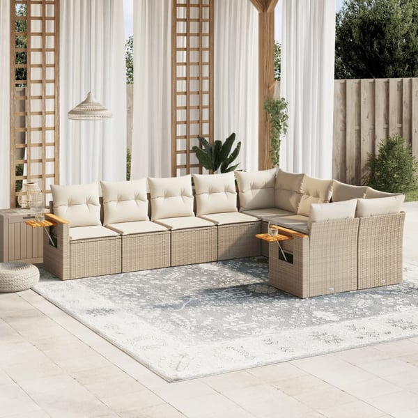 vidaXL Soffgrupp för trädgården med dynor 9 delar beige konstrotting