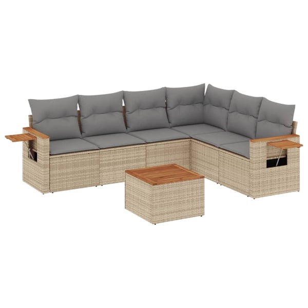 vidaXL Matgrupp för trädgården med dynor 7 delar beige konstrotting