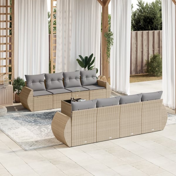 vidaXL Soffgrupp för trädgården med dynor 9 delar beige konstrotting