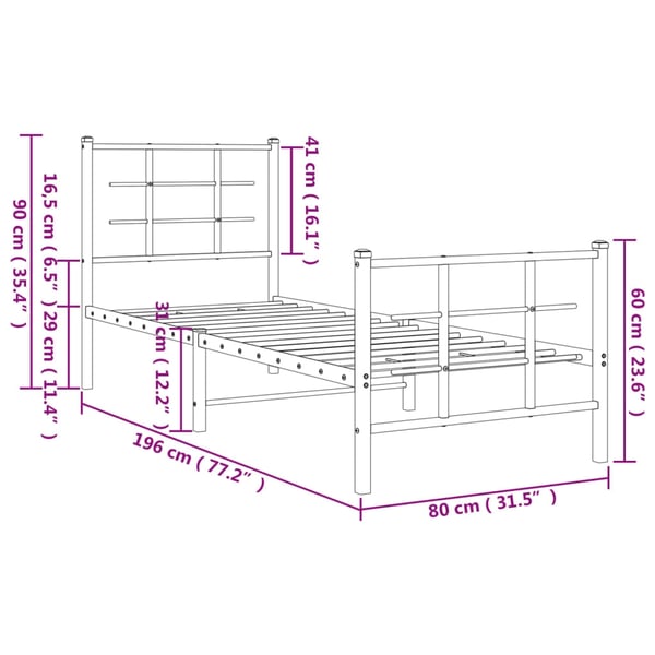 vidaXL Sengeramme i metall med hode- og fotgavl hvit 75x190 cm