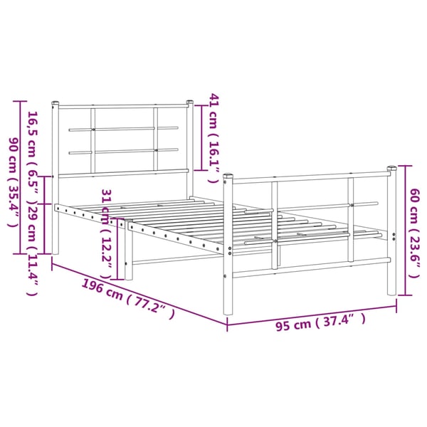 vidaXL Sengeramme i metall med hode- og fotgavl hvit 90x190 cm