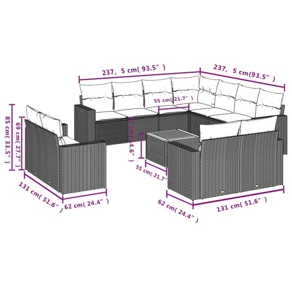 vidaXL sofasæt til haven 12 dele med hynder polyrattan sort