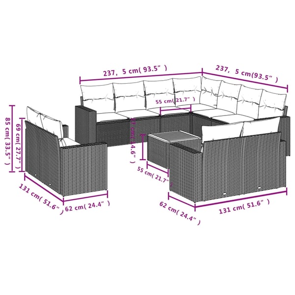 vidaXL sofasæt til haven 12 dele med hynder polyrattan beige
