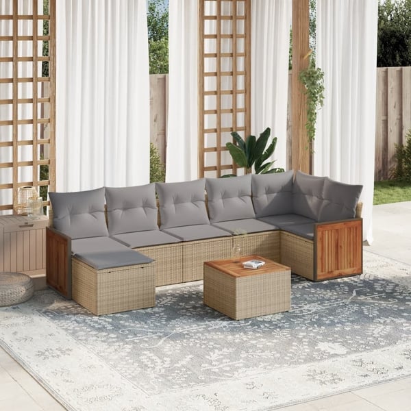 vidaXL Matgrupp för trädgården med dynor 8 delar beige konstrotting
