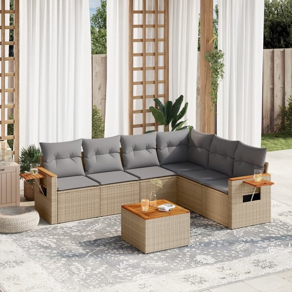 vidaXL sofasæt til haven 7 dele med hynder polyrattan beige