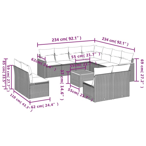 vidaXL sofasæt til haven 12 dele med hynder polyrattan grå