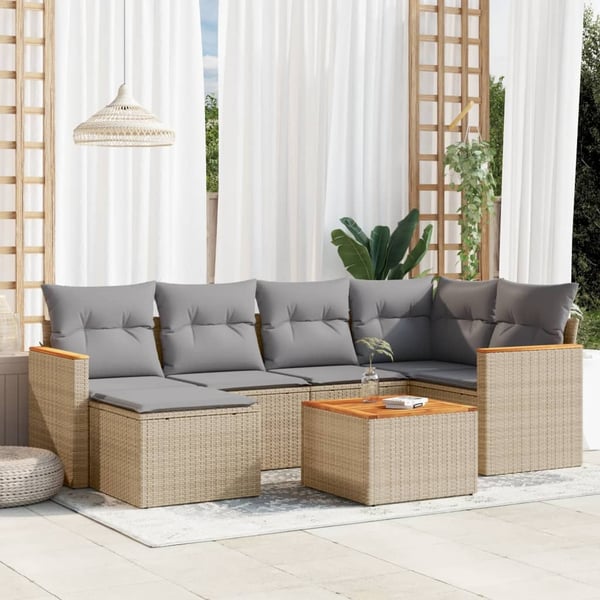 vidaXL havesofasæt 7 dele med hynder polyrattan beige