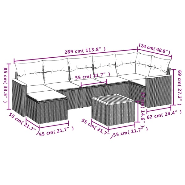vidaXL havesofasæt 8 dele med hynder polyrattan beige