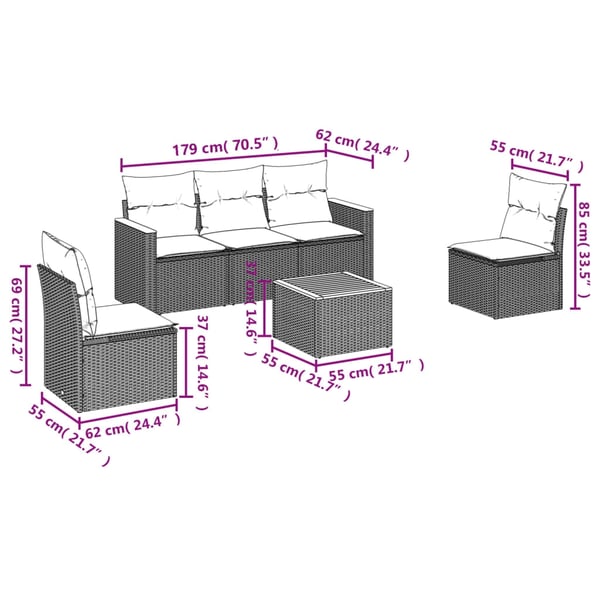 vidaXL sofasæt til haven 6 dele med hynder polyrattan sort