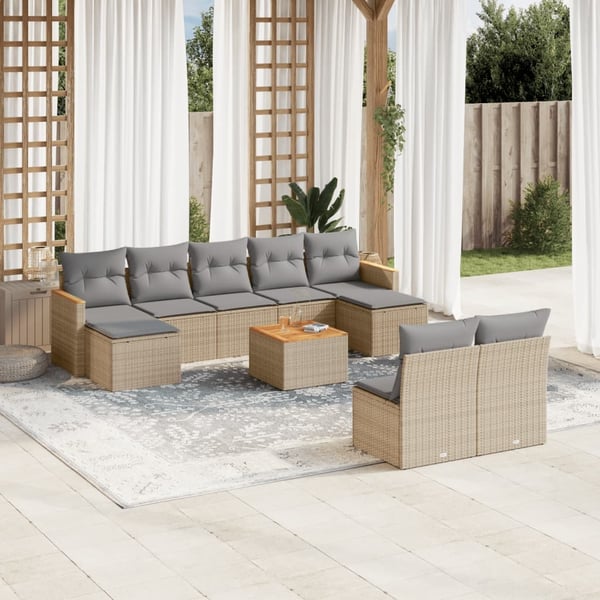 vidaXL havesofasæt 10 dele med hynder polyrattan beige