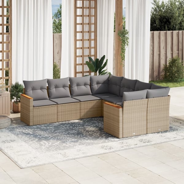 vidaXL havesofasæt 8 dele med hynder polyrattan beige