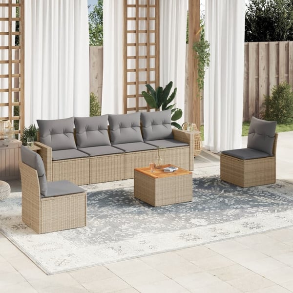 vidaXL havesofasæt 7 dele med hynder polyrattan beige