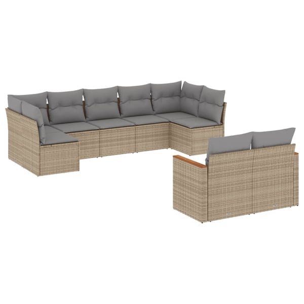 vidaXL spisebordssæt til haven 9 dele med hynder polyrattan beige