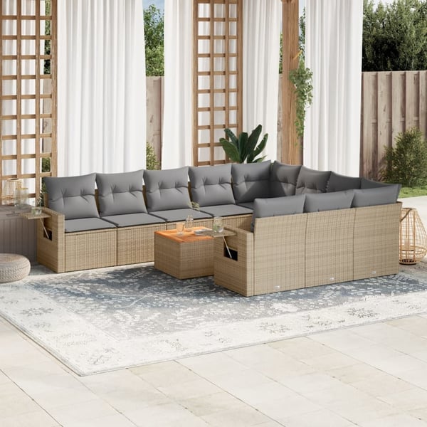 vidaXL havesofasæt 11 dele med hynder polyrattan beige