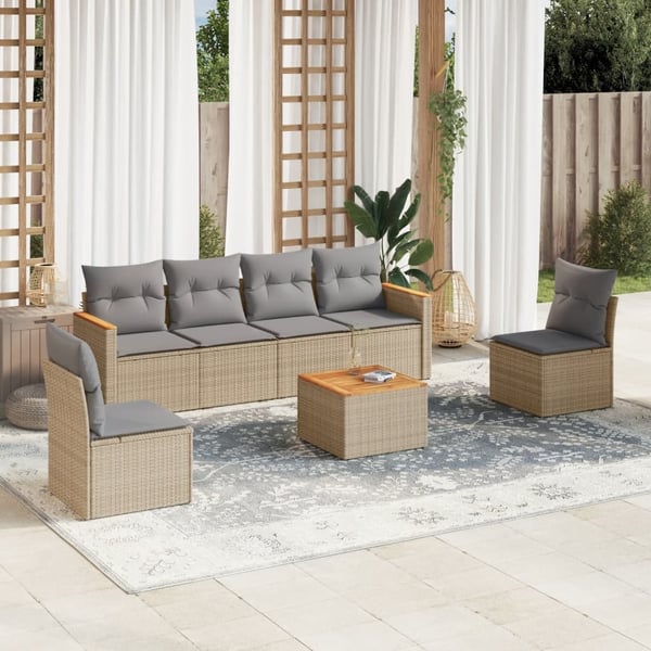 vidaXL havesofasæt 7 dele med hynder polyrattan beige