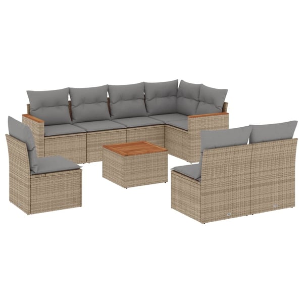 vidaXL spisebordssæt til haven 9 dele med hynder polyrattan beige
