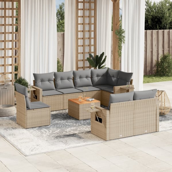 vidaXL spisebordssæt til haven 9 dele med hynder polyrattan beige