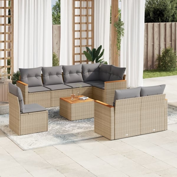 vidaXL spisebordssæt til haven 9 dele med hynder polyrattan beige