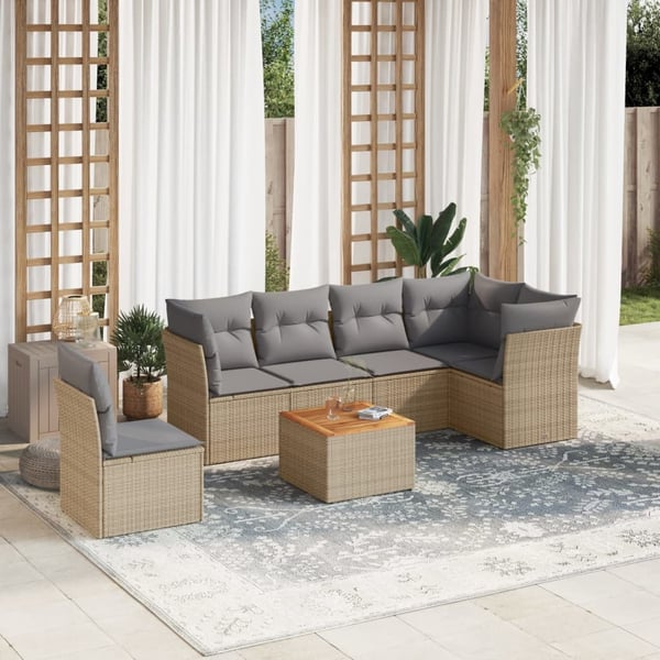vidaXL havesofasæt 7 dele med hynder polyrattan beige