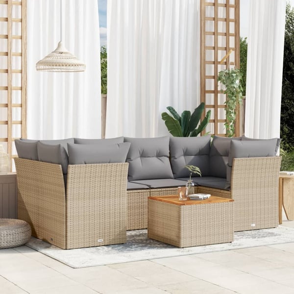 vidaXL havesofasæt 7 dele med hynder polyrattan beige