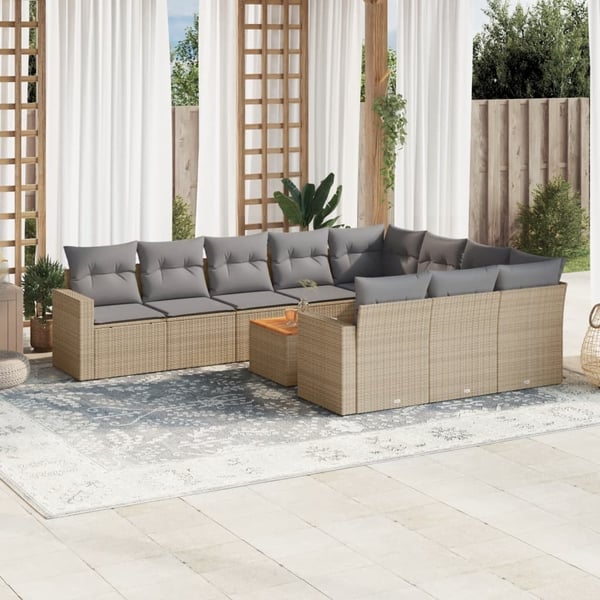 vidaXL havesofasæt 11 dele med hynder polyrattan beige