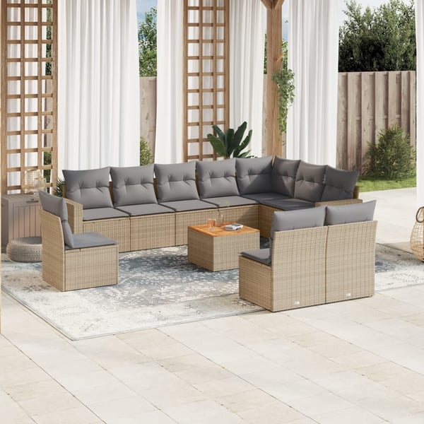 vidaXL havesofasæt 11 dele med hynder polyrattan beige