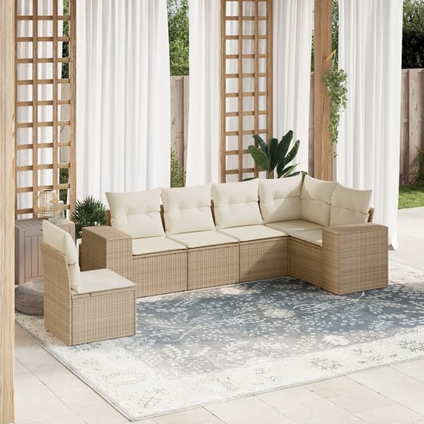 vidaXL Soffgrupp för trädgården med dynor 6 delar beige konstrotting