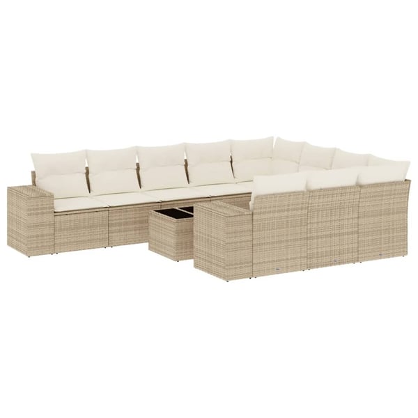 vidaXL Loungegrupp för trädgården m. dynor 11 delar beige konstrotting
