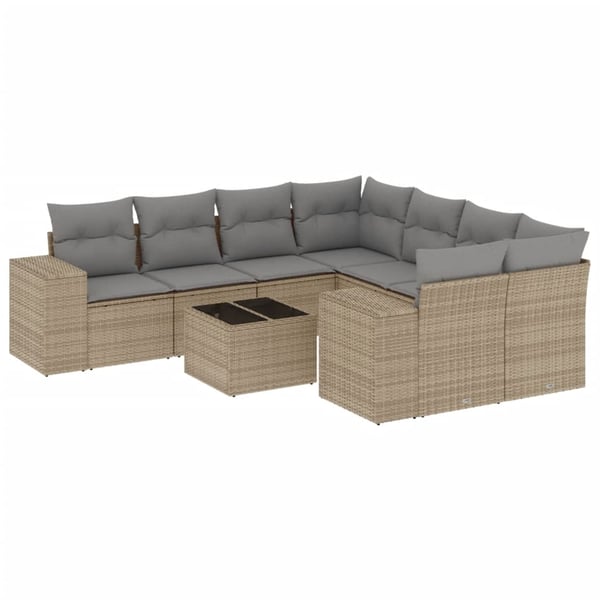 vidaXL Soffgrupp för trädgården med dynor 9 delar beige konstrotting