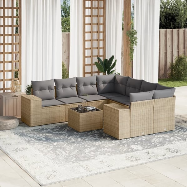 vidaXL Soffgrupp för trädgården med dynor 9 delar beige konstrotting