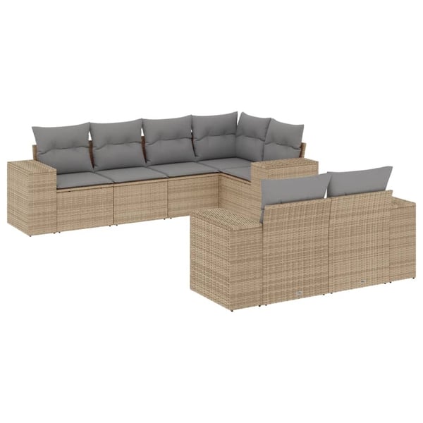 vidaXL Matgrupp för trädgården med dynor 7 delar beige konstrotting