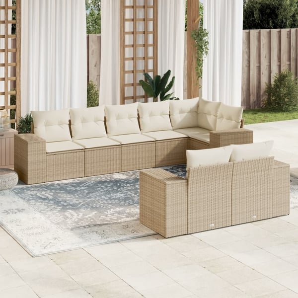 vidaXL Matgrupp för trädgården med dynor 8 delar beige konstrotting