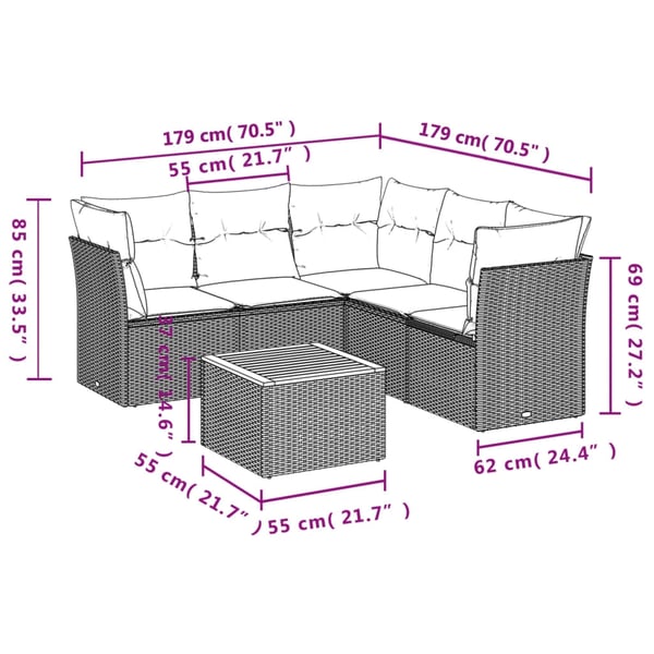 vidaXL sofasæt til haven 6 dele med hynder polyrattan grå