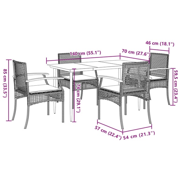 vidaXL 5-osainen Ulkoruokailuryhmä tyynyillä harmaa polyrottinki