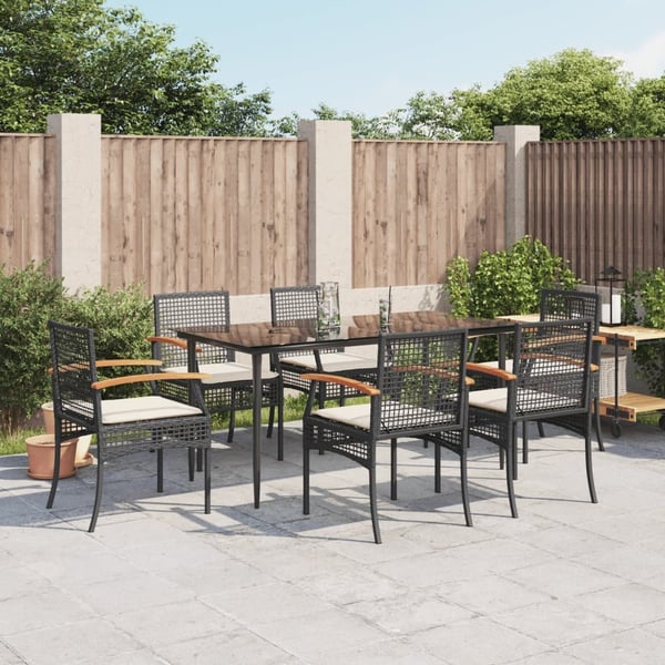 vidaXL spisebordssæt til haven 7 dele med hynder polyrattan sort