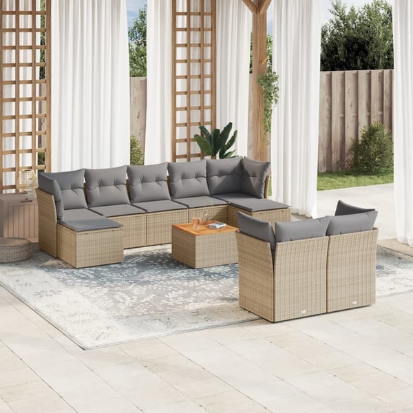 vidaXL havesofasæt 10 dele med hynder polyrattan beige