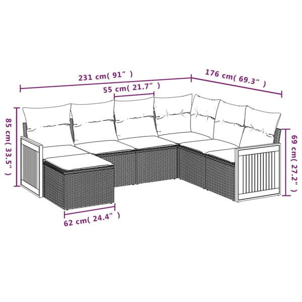 vidaXL sofasæt til haven 7 dele med hynder polyrattan sort