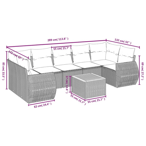 vidaXL sofasæt til haven 8 dele med hynder polyrattan grå