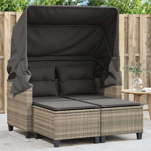 vidaXL 2-personers havesofa med baldakin og skamler polyrattan lysegrå