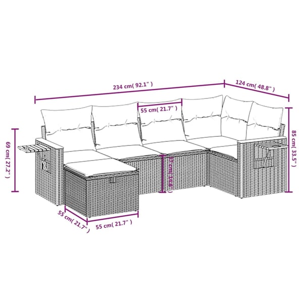 vidaXL havesofasæt 6 dele med hynder polyrattan beige
