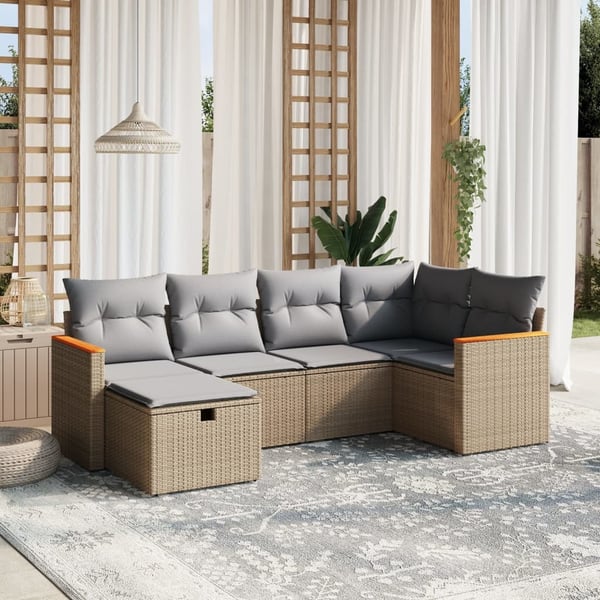 vidaXL havesofasæt 6 dele med hynder polyrattan beige