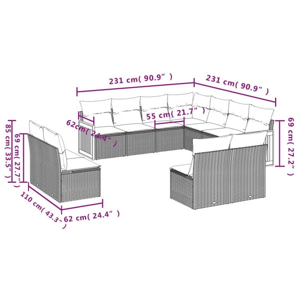 vidaXL sofasæt til haven 11 dele med hynder polyrattan sort