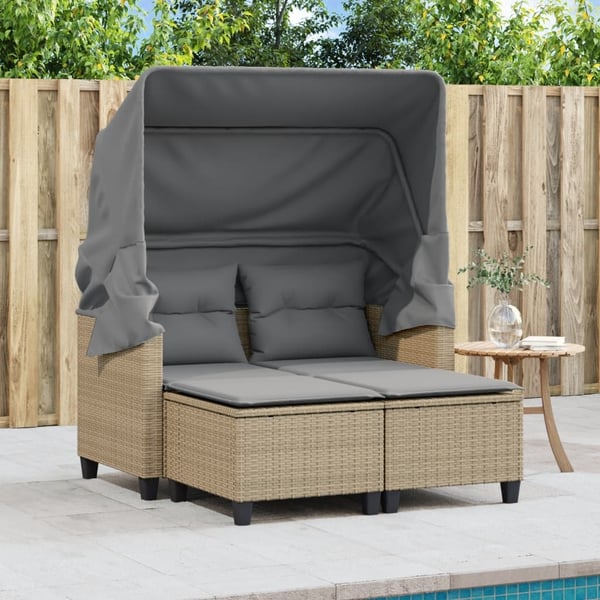 vidaXL 2-personers havesofa med baldakin og skamler polyrattan beige