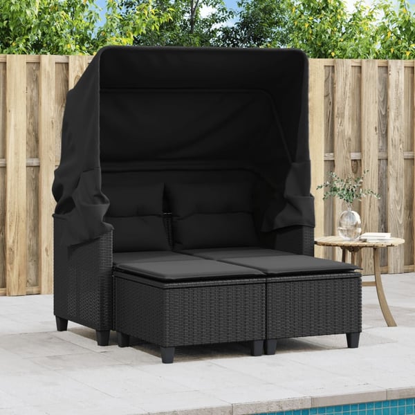 vidaXL 2-personers havesofa med baldakin og skamler polyrattan sort