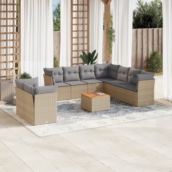 vidaXL havesofasæt 11 dele med hynder polyrattan beige
