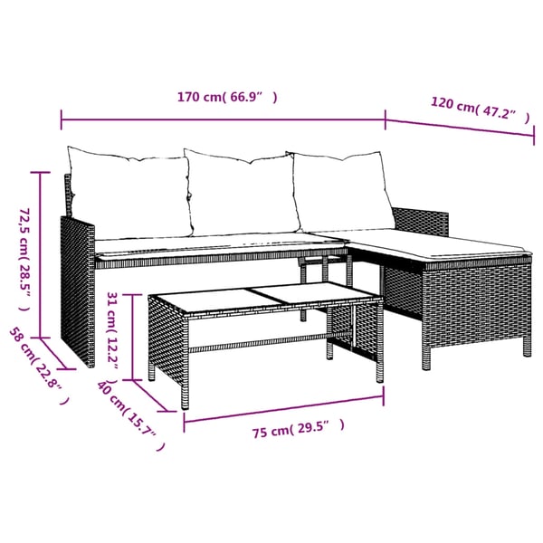 vidaXL havesofa med bord og hynder L-formet polyrattan sort