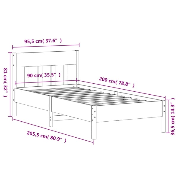 vidaXL Sengeramme uten madrass voksbrun 90x200 cm heltre furu