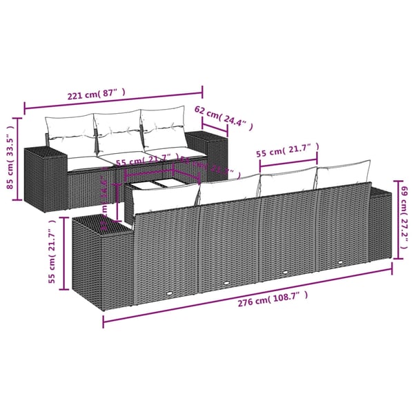 vidaXL sofasæt til haven 8 dele med hynder polyrattan grå