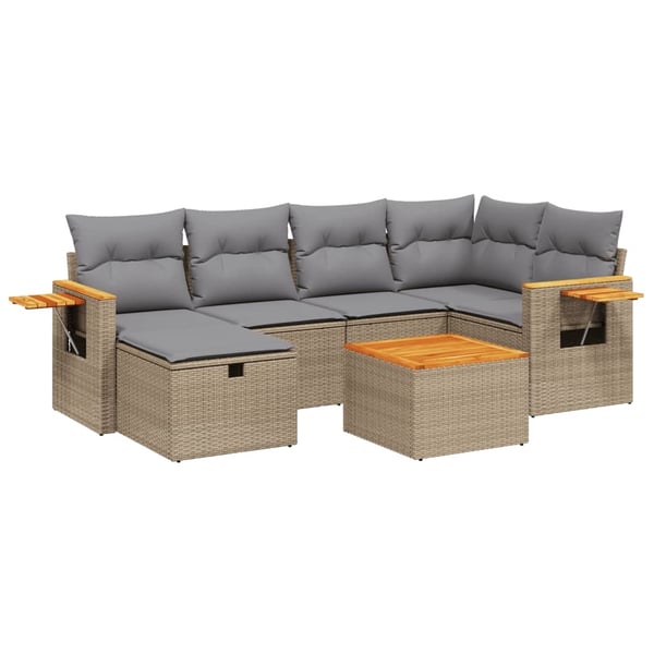 vidaXL havesofasæt 7 dele med hynder polyrattan beige