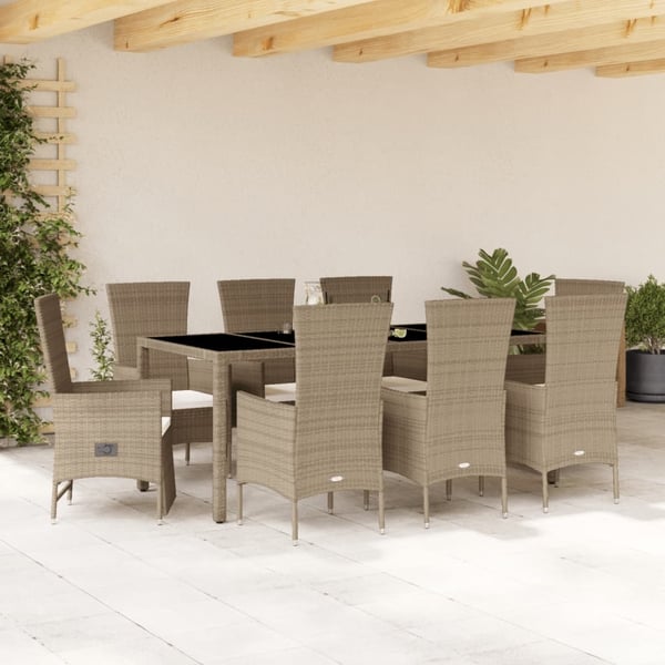 vidaXL spisebordssæt til haven 9 dele med hynder polyrattan beige